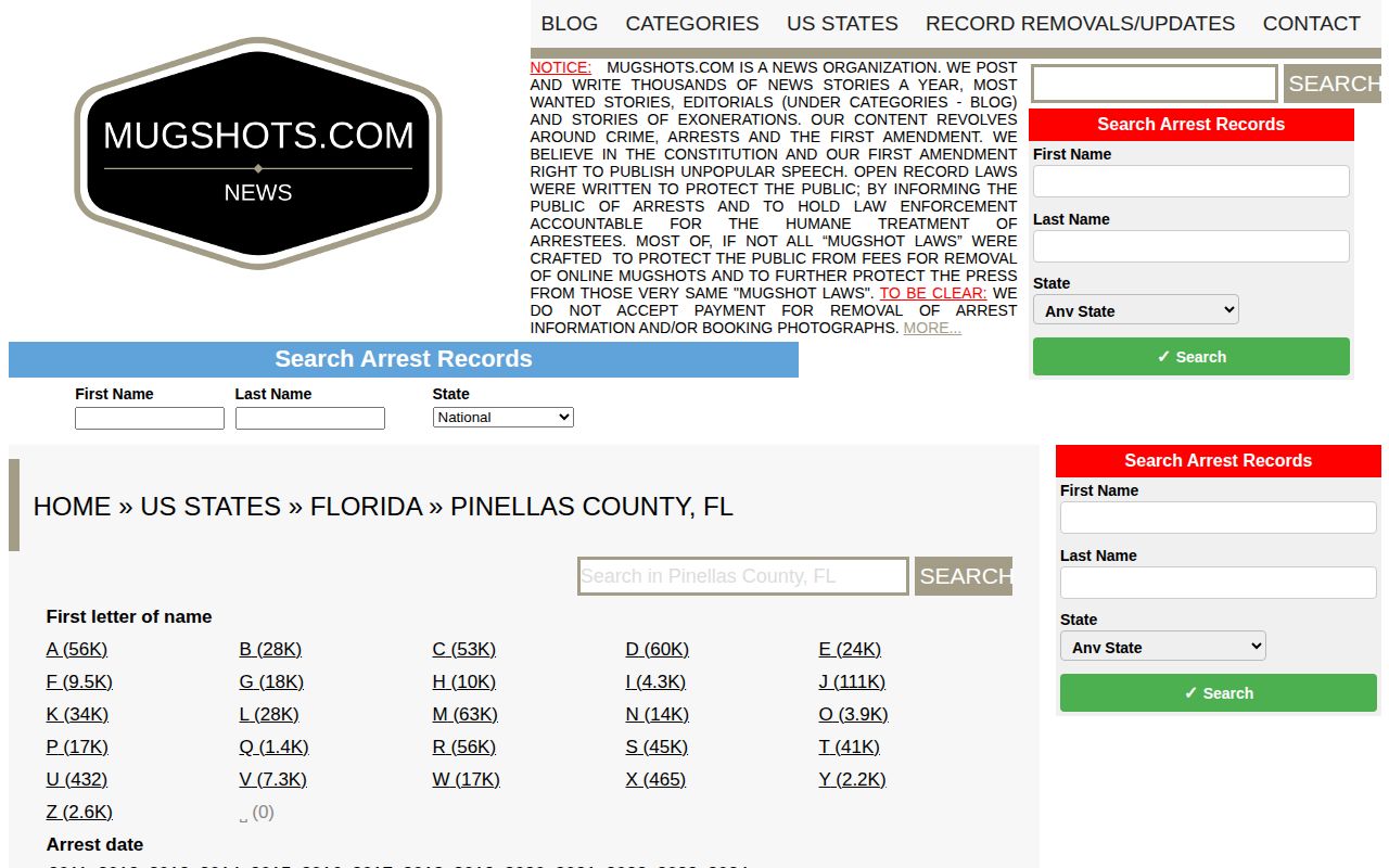 Mugshots.com unofficial Pinellas County mugshot archive page
