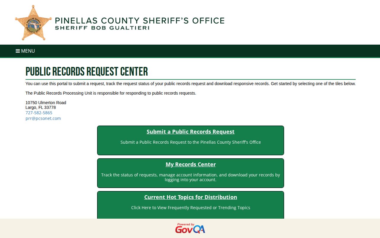 Pinellas County booking photograph public records request portal