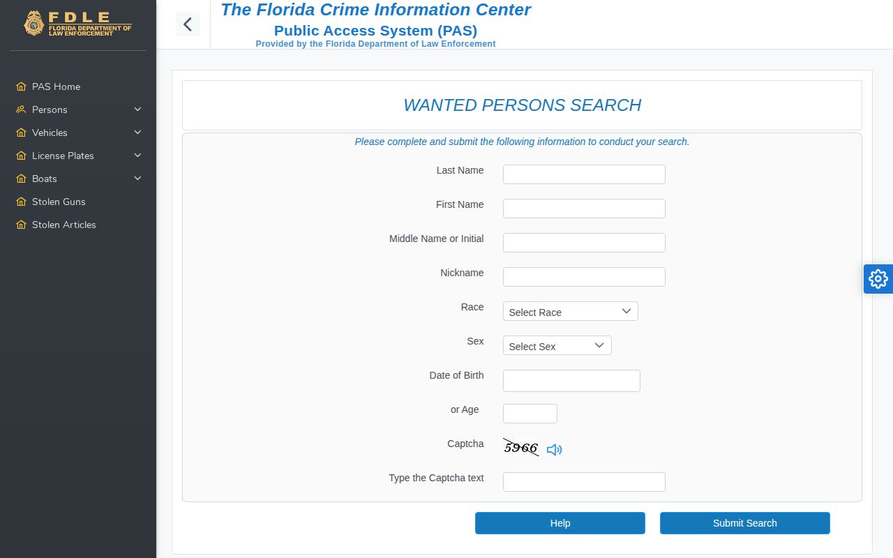 FDLE search form used for Pinellas County wanted-person records