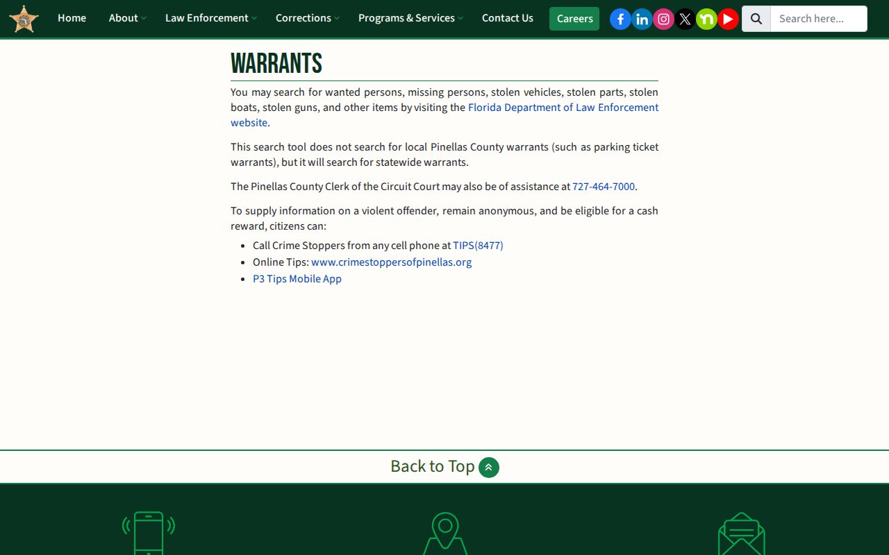 Pinellas County Sheriff's Office warrant guidance for most wanted and warrant checks